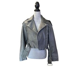 Cropped Motorcycle Jacket Faux Leather Belted Moto Biker Jacket Gray L